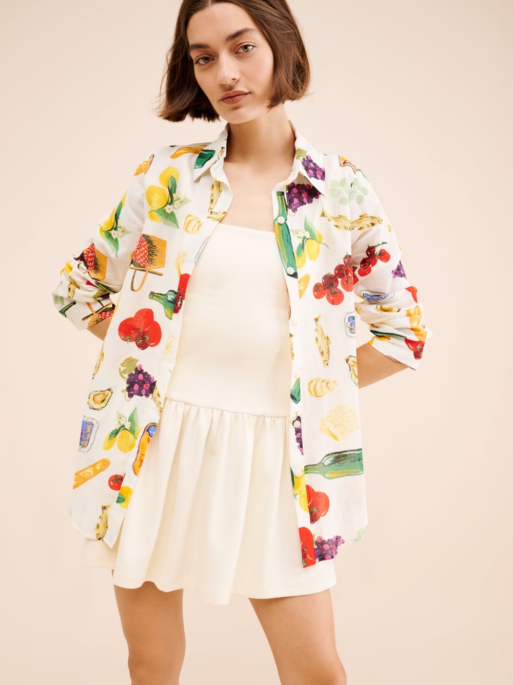 Lisa Says Gah White Button-Down Shirt with Multicolor Food Print - Picture 3 of 3